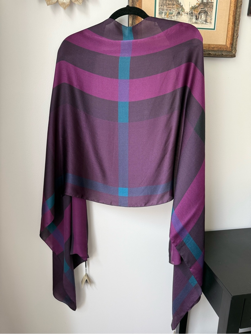 BURBERRY 100% Silk Scarf Oblong Mega Check, Magenta Turquoise — 70 X 190 cm